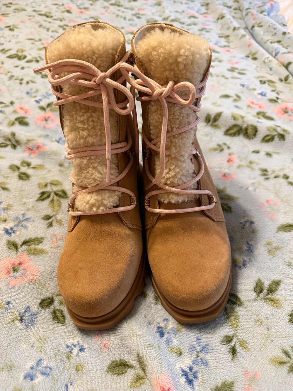 Sorel Joan of Arctic III Suede Wedge Boots Tawny Buff Tan with Gum Pink Laces - Picture 3 of 7